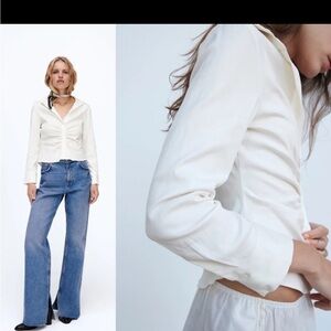 Zara white ruched button-down stretch blouse, size Medium